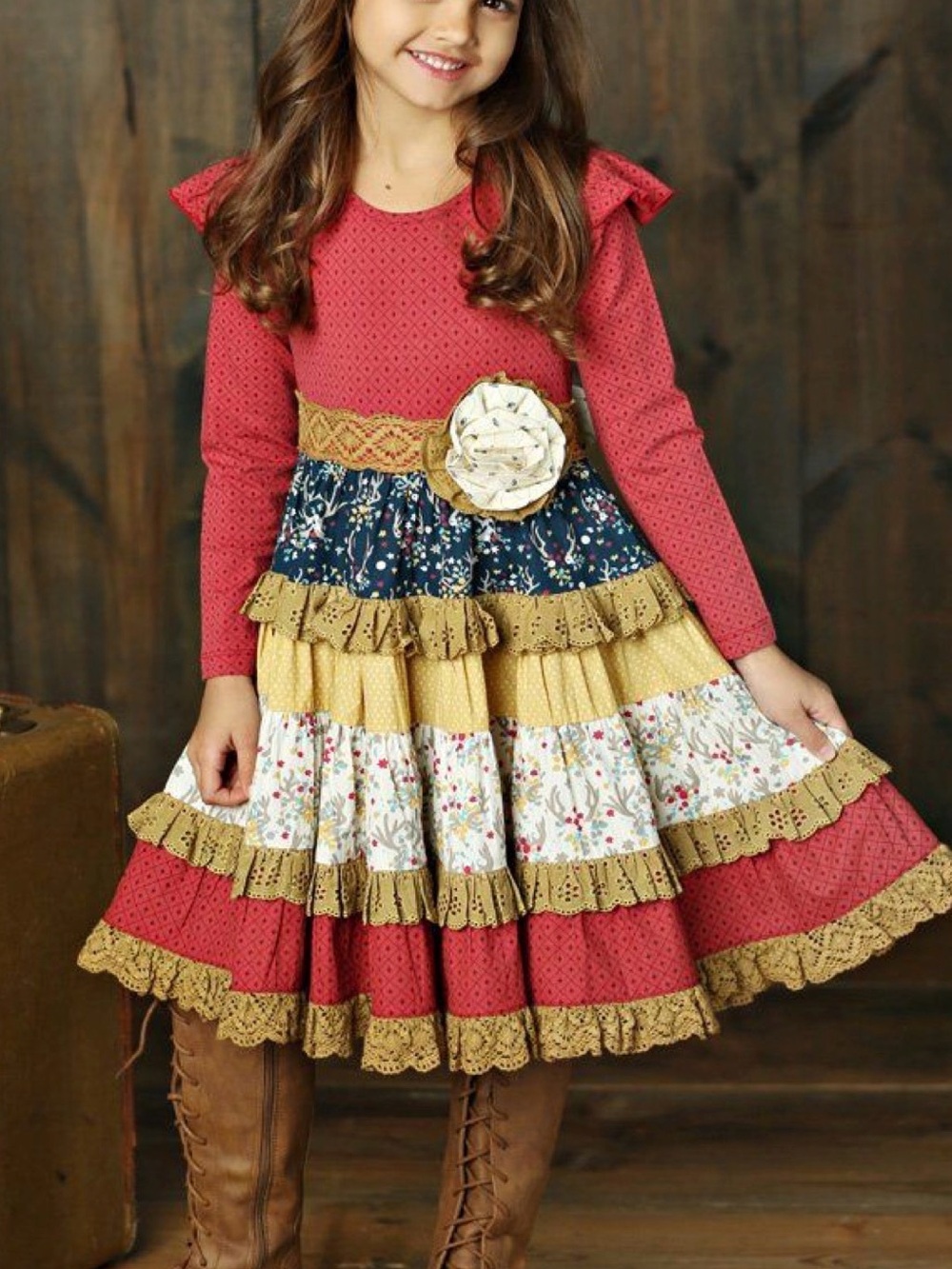Mustard Pie Tiered L/S Red Ruffle Dress